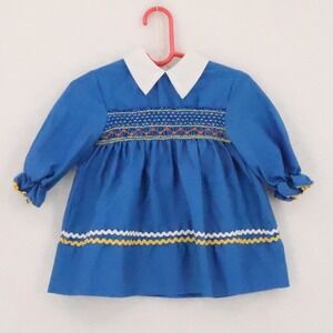 Polly Flinders Hand Smocked Dress Girls Size T2 Blue Vintage 80s Ric Rac Cotton